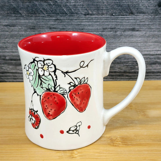 Strawberry Coffee Mug Ceramic Fruit Art Embossed Botanical 18oz Tea Cup Blue Sky