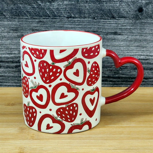 Strawberry Mug Coffee Tea Cup 21oz Red and White Heart Handle Ceramic Blue Sky
