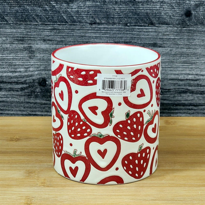 Strawberry Mug Coffee Tea Cup 21oz Red and White Heart Handle Ceramic Blue Sky