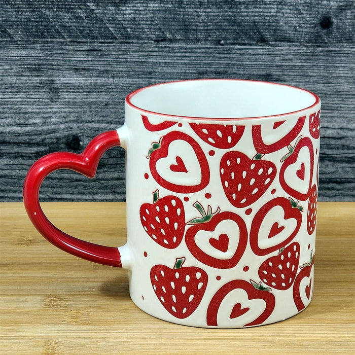 Strawberry Mug Coffee Tea Cup 21oz Red and White Heart Handle Ceramic Blue Sky