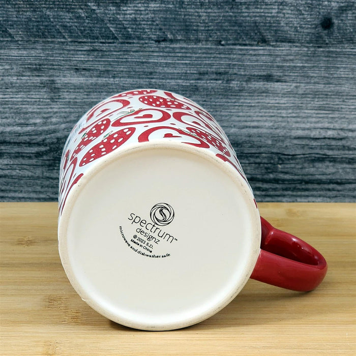 Strawberry Mug Coffee Tea Cup 21oz Red and White Heart Handle Ceramic Blue Sky