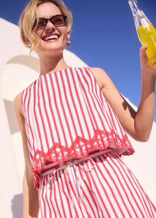 skies are blue Strolling Seaside Sleeveless Striped Top with Embroidery Hem - Red White