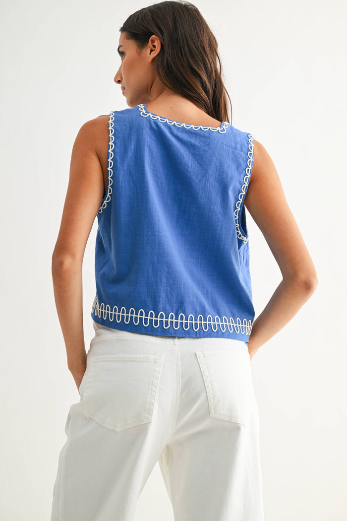 Summer Plans Blue Embroidered Sleeveless Top