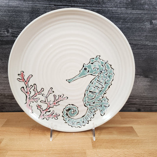 Sunny Cove Dinner Plate Whimsical Sea Horse Embossed Ceramic 10.5" Blue Sky