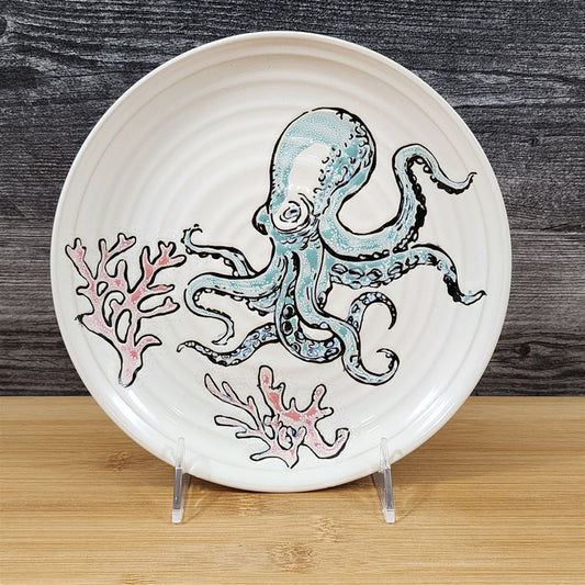 Sunny Cove Octopus Salad Plate Embossed Ceramic 8" Sea Nautical Blue Sky
