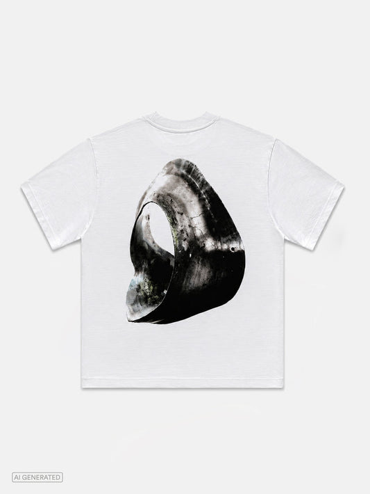 Rückansicht eines weißen T-Shirts mit großflächigem Rückenprint. Die Grafik zeigt eine abstrakte, skulpturale Form in Schwarz-, Grau- und Weißtönen mit organischer, steinähnlicher Oberfläche. Produktdarstellung vor hellgrauem Hintergrund.