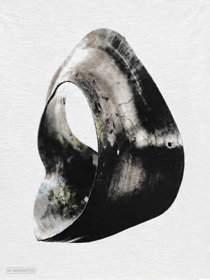 Nahaufnahme des Rückenprints auf dem weißen T-Shirt. Zu sehen ist eine abstrakte, ringförmige Skulptur mit strukturierter Oberfläche in Schwarz-, Grau- und Naturtönen, die an Stein oder Metall erinnert.