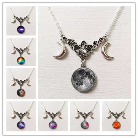 Milky way constellationTriple moon necklace,witch pagan jewelry,silver half moon