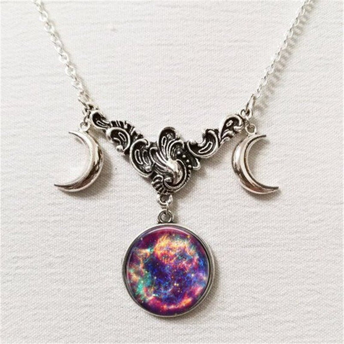 Milky way constellationTriple moon necklace,witch pagan jewelry,silver half moon