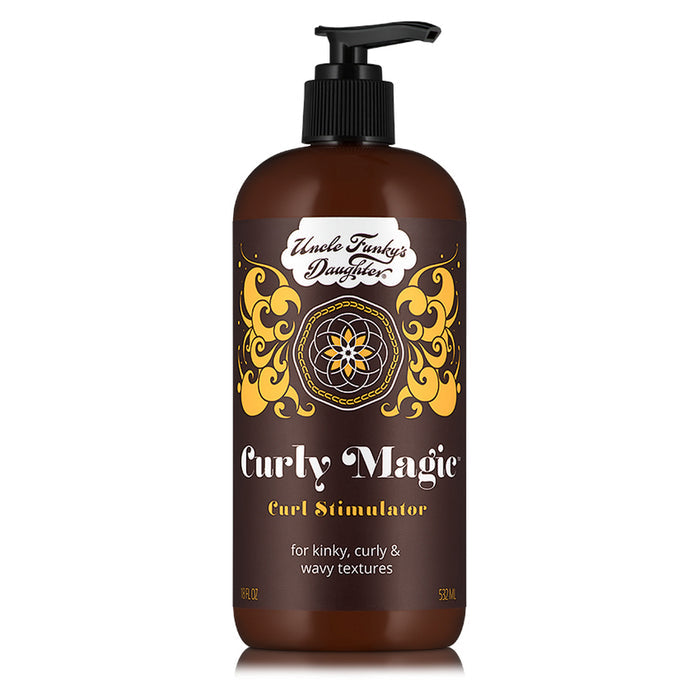 A plastic bottle with a pump dispenser labeled 'Uncle Funky’s Daughter Curly Magic Curl Stimulator', primarily in dark colors with decorative yellow and white text.