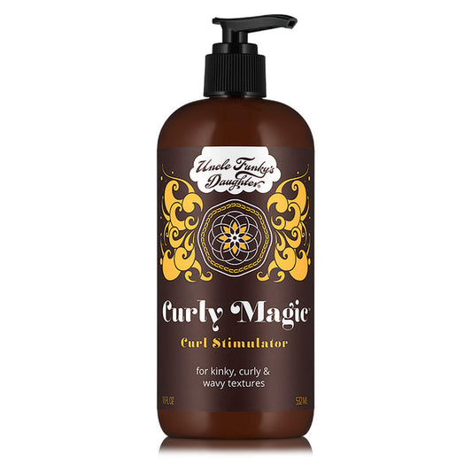 A plastic bottle with a pump dispenser labeled 'Uncle Funky’s Daughter Curly Magic Curl Stimulator', primarily in dark colors with decorative yellow and white text.