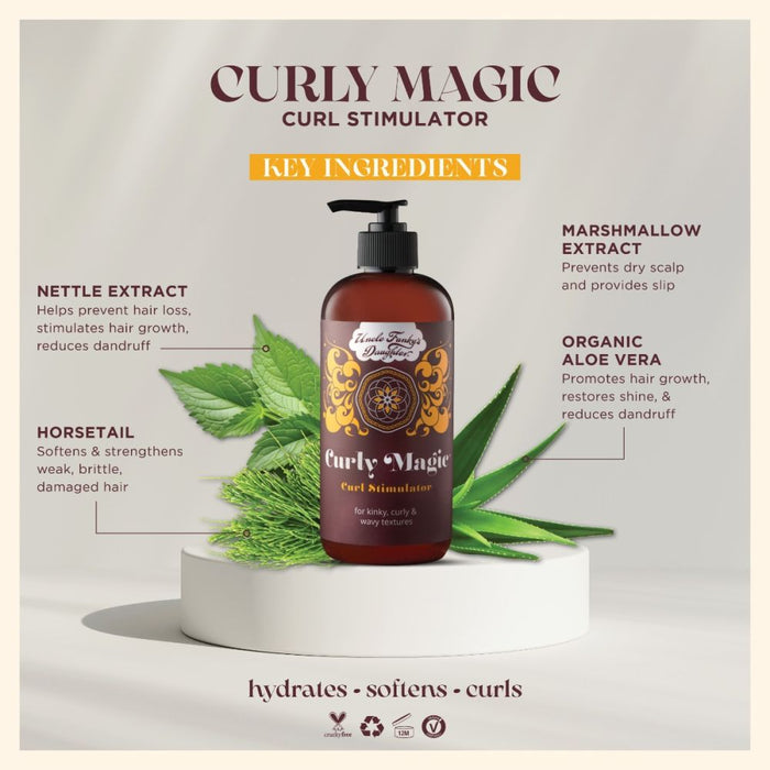 Curly Magic Curl Stimulator bottle with key ingredients listed on a light gray background