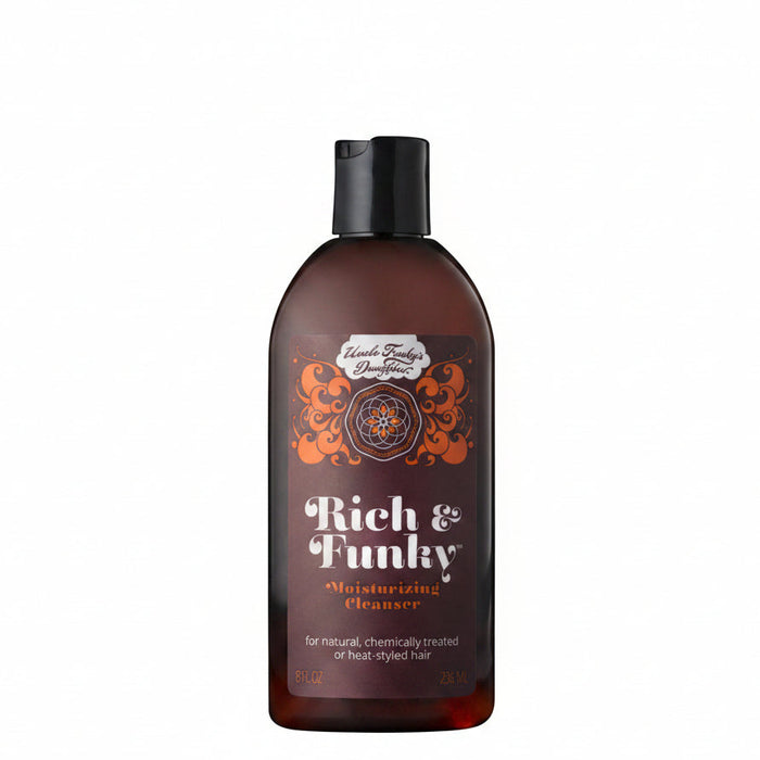 Bottle of Uncle Funky's Daughter Rich & Funky Moisturizing Cleanser with brown and orange label, 8oz size, designed for natural or chemically treated hair.