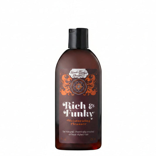 Bottle of Uncle Funky's Daughter Rich & Funky Moisturizing Cleanser with brown and orange label, 8oz size, designed for natural or chemically treated hair.