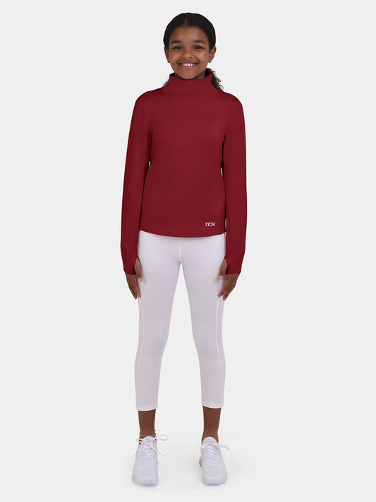 Warm-Up Thermal Long Sleeve Funnel Neck Top For Girls With Brushed Inner Fabric, Thumbholes & Reflective Strips