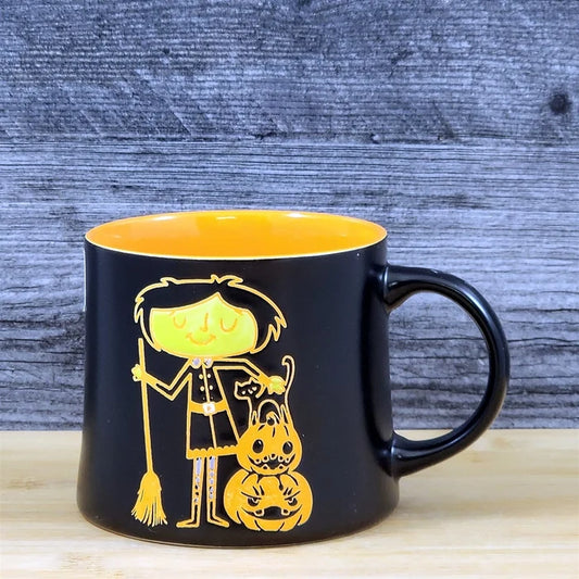 Whimsical Black Orange Halloween Mug Witch Cat Jack-O-Lanterns Ceramic Blue Sky