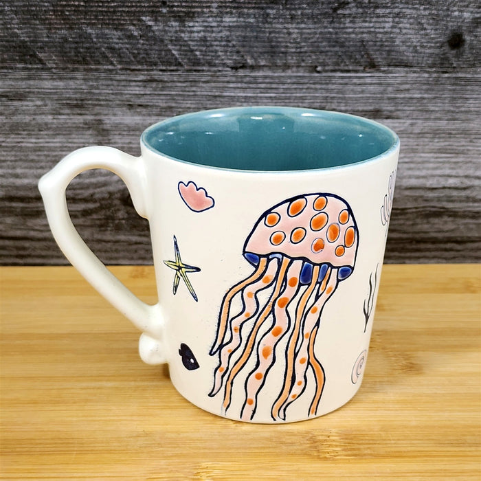 Whimsical Jelly Fish Coffee Mug Sea Creatures Ceramic Embossed Tea Cup Blue Sky