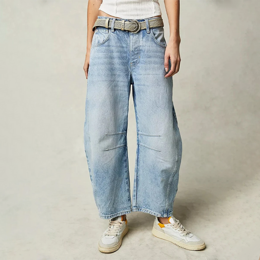 Women's Barrel Leg Jeans UK – Relaxed Curved Silhouette Mid Rise | The Nadia | Huna