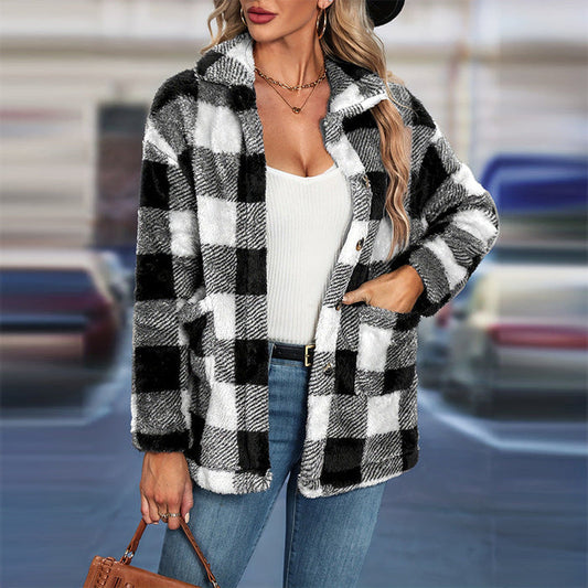 Women's Check Teddy Shacket UK – Button Front Collar | The Ines | Huna