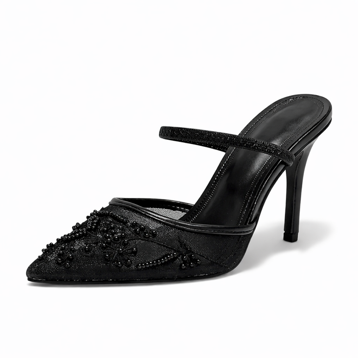 Women's Embroidered Mesh Mule Heels Floral Pointed Toe