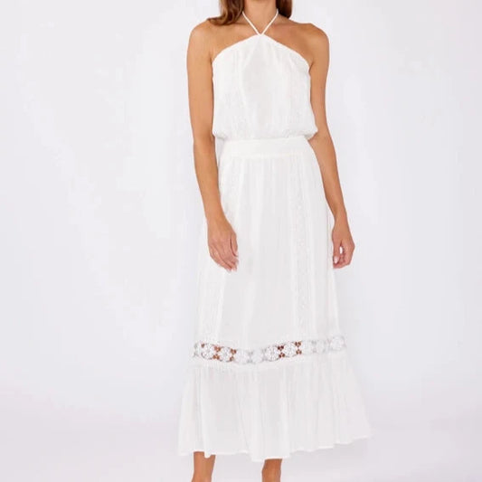 Women's Eyelet Embroidered Halter Maxi Dress in Off White