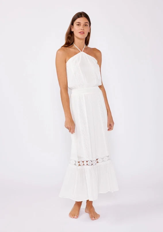 Women's Eyelet Embroidered Halter Maxi Dress in Off White