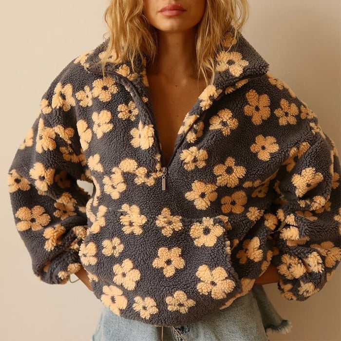 Women's Floral Teddy Fleece Jacket UK – Oversized Half Zip | The Marceline | Huna