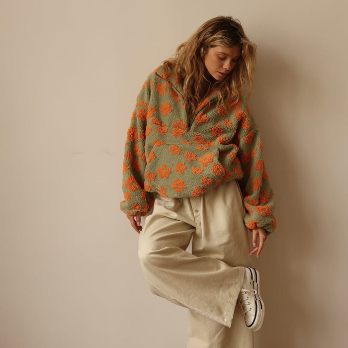 Women's Floral Teddy Fleece Jacket UK – Oversized Half Zip | The Marceline | Huna