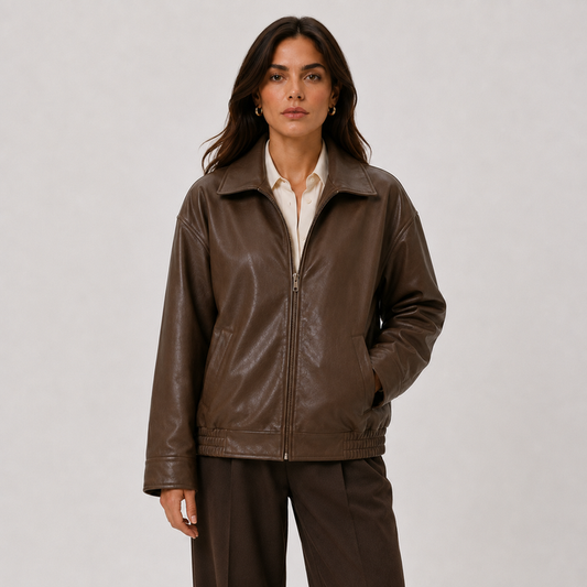 Women's Relaxed Fit Leather Look Jacket with Classic Collar 0