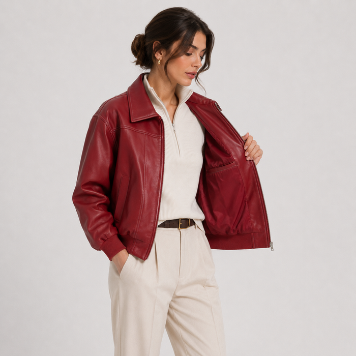 Women's Leather Look Jacket UK – Timeless Red Heritage | The Saoirse | Huna