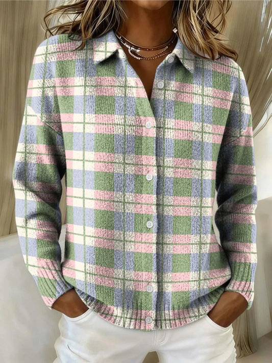Women's Plaid Button Cardigan UK – Pastel Soft Knit | The Wilhelmina | Huna