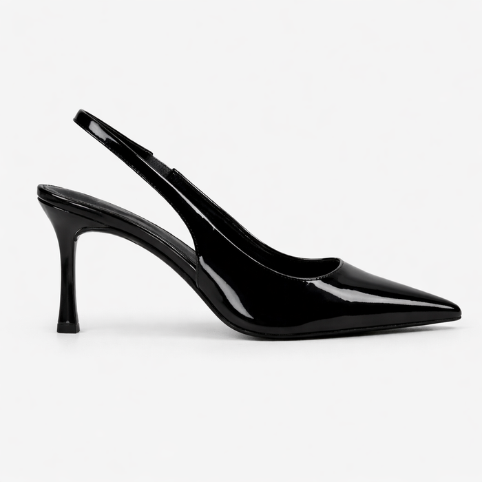Women’s Slingback Heels Black Glossy Pointed Toe