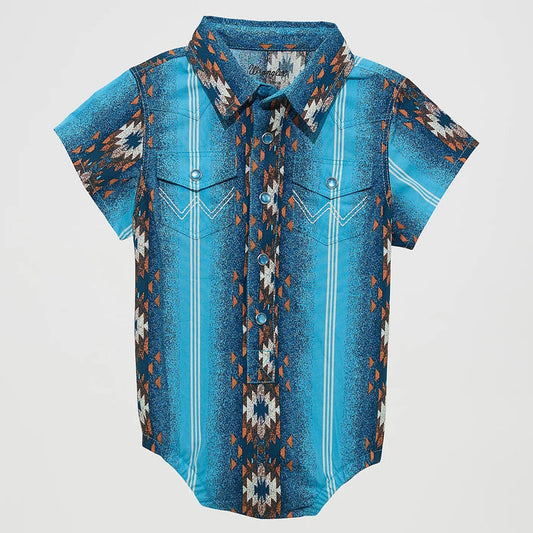 Wrangler Baby Boy's S/S Checotah Western Snap Bodysuit in Sea Salt Blue