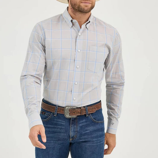 Wrangler Men's L/S Cody Johnson Checkered Plaid Button Down Shirt in Gray