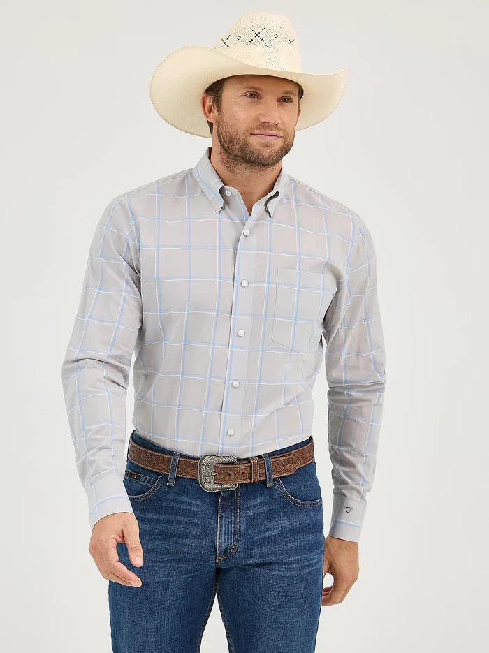 Wrangler Men's L/S Cody Johnson Checkered Plaid Button Down Shirt in Gray