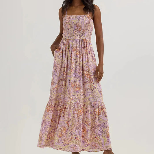 Wrangler Retro Women's Smocked Bodice Maxi Dress in Pastel Paisley