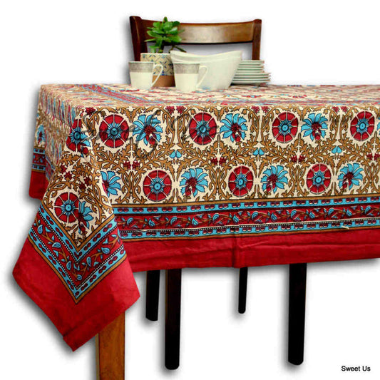 Cotton Floral Geometric Tablecloth for Rectangle Tables Bed sheet Queen Red - Sweet Us