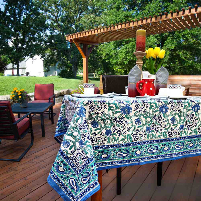 Paisley Paradise Block Print Cotton Tablecloth Square, Emerald Bay - Sweet Us